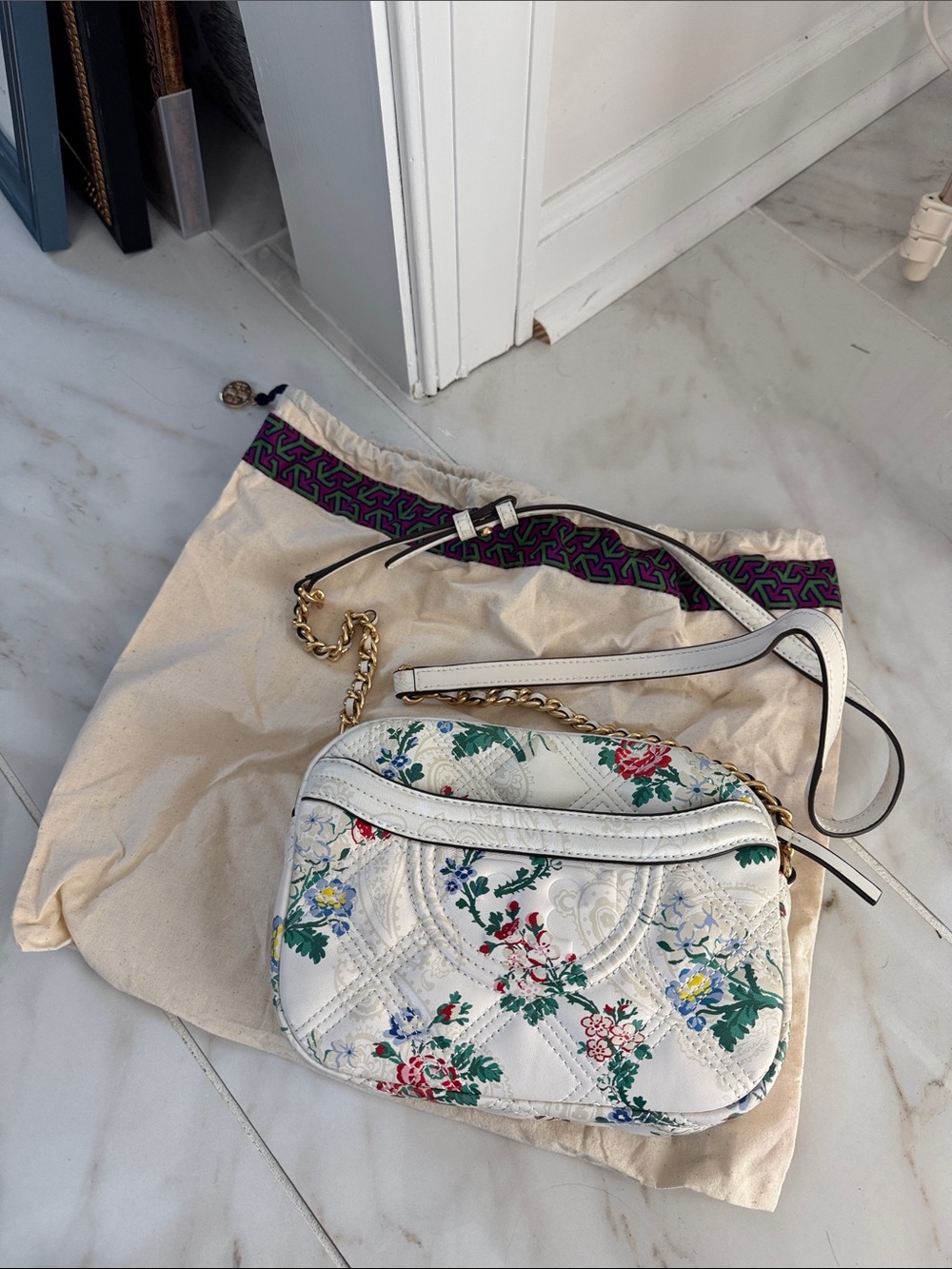 Tory Burch White Quilted Floral Camera Lambskin Crossbody Bag with Gold Chain